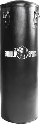 A black punching bag with a logo.