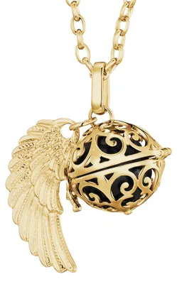 Produktbild von Morella Damen Halskette gold Edelstahl 70 cm mit goldenem Anhänger Engelsflügel und Klangkugel schwarz Ø 16 mm in Schmuckbeutel