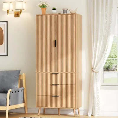 Image de Armoire de cuisine Flieks avec 2 portes et 3 tiroirs spacieux, meuble haut avec étagères, meuble de rangement pour cuisine, salon et salle à manger, finition naturelle