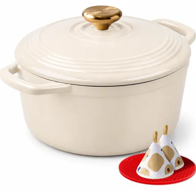 Obrázek produktu pro Hrnec Overmont z emailovaného litinového materiálu – litinový hrnec na dušení, průměr 26 cm, vhodný do trouby – s