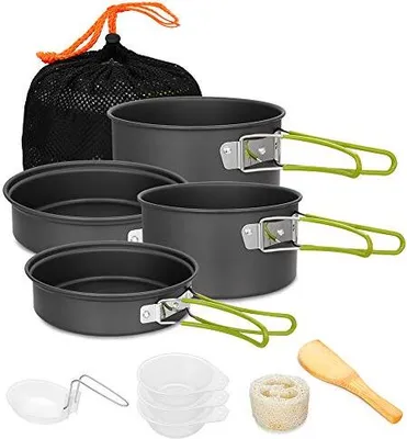 Immagine prodotto di Gutsdoor campeggio cucina set stoviglie per 1-2 persone, con portatile in alluminio pentola tè bollitore tazze posate pieghevole, picnic all'aperto escursioni