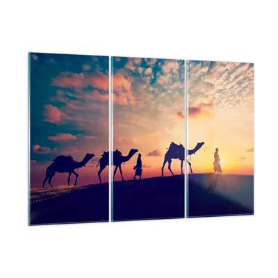 Produktbild von Bilder auf glas - Kamel Wohnwagen - 165x110cm - Glasbilder - Wandbilder - Kunstdruck - zum Aufhängen bereit - Wanddekoration aus Glas - Glas Bilder - Wandbild auf Glas - 3 Teile - GCE165x110-3672
