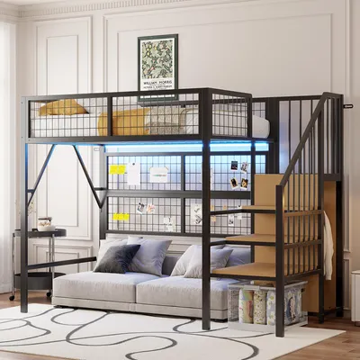 A loft bed with a sofa underneath, set up in a room.