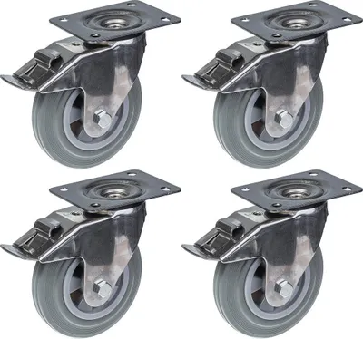 Immagine prodotto di 160 mm 6" in acciaio inox con ruote in gomma grigia, girevoli con freno, 540 kg, set di 4