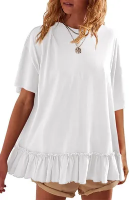 Produktbild von Locker sitzendes Damen-T-Shirt mit Rüschen – Rundhalsausschnitt, Falten, Babydoll-Stil