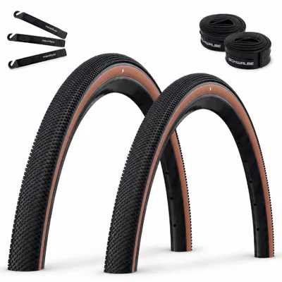Produktbild von 2 x Faltreifen Schwalbe G-One Allround Performance RaceGuard TLR ADDIX E-25 Schwarz/Bronze 45-622 (28 x 1.70") + 2 x Schwalbe Schläuche AV17 inkl. maxxi4you Reifenheber