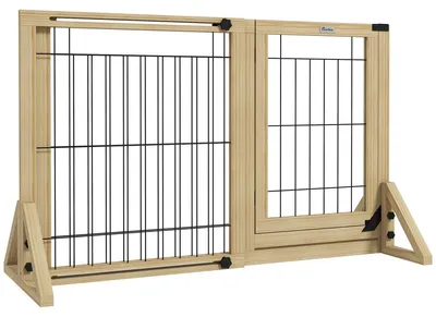 Image de Barrière de sécurité pour chien, extensible, avec 2 panneaux, dimensions 112–159x70 cm, pieds triangulaires, en bois, finition naturelle