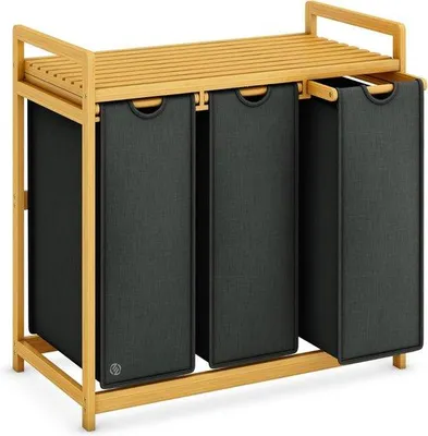 Image de Panier à linge à trois compartiments - Panier à linge en trois parties - Rangement pour vêtements - Panier à linge - Panier à linge à trois compartiments