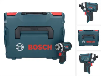 A collage of images showing a Bosch impact driver and its case.