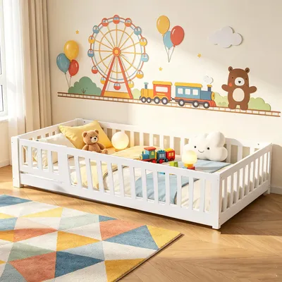 Obrázek produktu pro Dětská postel INONEFT, 90x200 cm, Montessori postel, podlahová postel, dřevěná postel s ochranou proti vypadnutí a dveřmi, rošt a bezpečnostní zábrana, dětská postel, jednolůžko, bílá