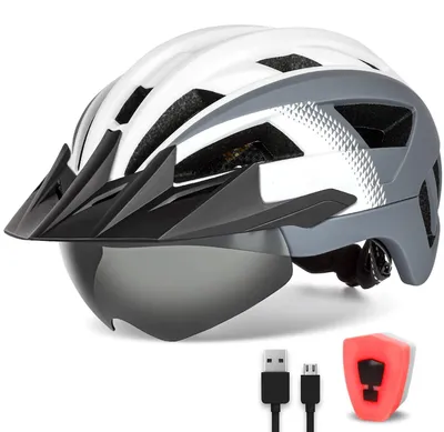Obrázek produktu pro FUNWICT Cyklistická helma s vizírem pro muže a ženy, lehká helma s magnetickým držákem brýlí a LED světlem s USB nabíjením, stylová horská kola helma (velikost M: 54-58 cm, bílá/šedá)