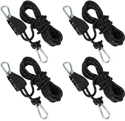 Produktbild von Ibenzoa® Seilrollen-Set mit Metallratsche – 4 Stück, 4 m reflektierendes Seil (4 mm), 8 Karabinerhaken & 4 Kabelspanner – Camping, Zelt, Sonnensegel