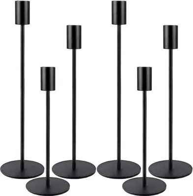 Produktbild von Ibenzoa® 6‑teiliges schwarzes Metall‑Kerzenhalter‑Set, 3 Höhen 22,3–32,1 cm, Ø 8 cm Basis, für Stabkerzen Ø 2,2 cm