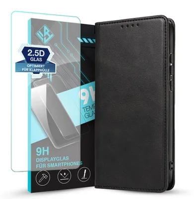 Produktbild von Handyhülle für Xiaomi Redmi A7 Pro mit 9H Displayglas Kunstleder Flip Cover Hülle Klapphülle Case Kartenfach Farbe: Schwarz