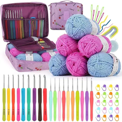 Productafbeelding van Haakset voor beginners, bestaande uit 50 onderdelen, met ergonomische naalden, acryl garen en een tas in de kleur paars-kers