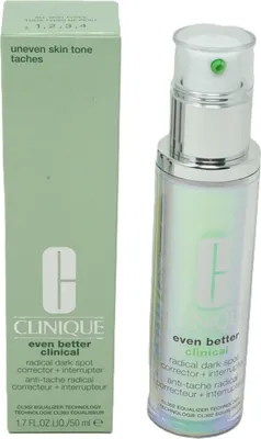 A product shot of a Clinique Even Better Clinical Radical Dark Spot Corrector + Interrupter bottle and its packaging.