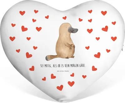 Produktbild von Mr. & Mrs. Panda Dekokissen Schnabeltier Mut - Weiß - Geschenk, Kuschelkissen, Motivation, Sofakissen, Kissen in Herzform, Schmusekissen, Weltreise, Herz, Meer, Neustart
