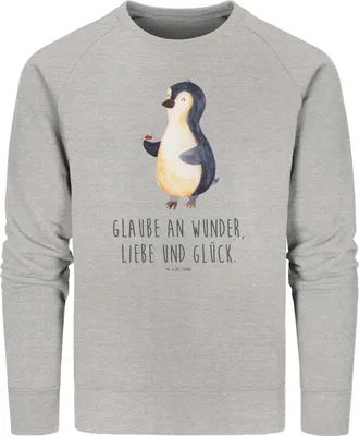 Produktbild von Mr. & Mrs. Panda Baumwoll Pullover Pinguin Marienkäfer Größe XL - Heather Grey - Geschenk, Wunder, Kleine, Aufmerksam, Pulli, Sweater, Liebe, Sweatshirt, Nachhaltiger