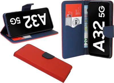 Produktbild von cofi1453® Buch Tasche "Fancy" kompatibel mit Samsung Galaxy A32 5G Handy Hülle Etui Brieftasche Schutzhülle mit Standfunktion, Kartenfach Rot-Blau