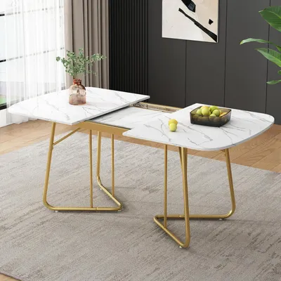 Image de Table extensible, blanche, imitation marbre, pieds en métal doré, dimensions : 180 x 80 x 75 cm