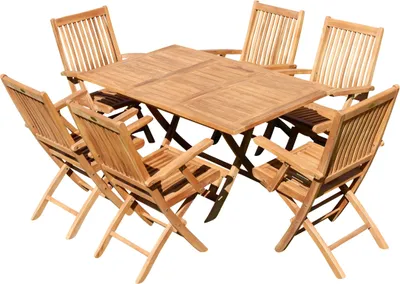 Produktbild von ALEOS. Teak Set: Gartengarnitur Ausziehtisch 100-140 x 80 cm + 6 Klappsessel mit Armlehne Holz Serie AVES