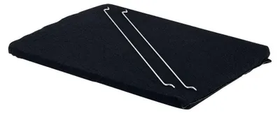 A black filter with two silver metal support rods on a white background.