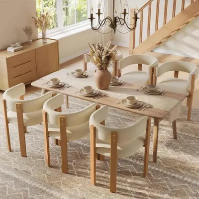 Zdjęcie produktu dla Ergonomiczne krzesła tapicerowane o wyglądzie drewna – 6 sztuk, z solidnymi żelaznymi nogami, do salonu, sypialni i jadalni, oddychające i łatwe w pielęgnacji.