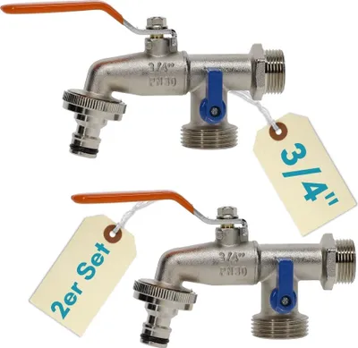 Produktbild von 2er Set Garten Wasserhahn Kugelhahn 3/4" Doppelanschluss Außen 3/4 Zoll Doppel Wasserhahn Außenwasserhahn Doppelwasserhahn mit Schlauchanschluss