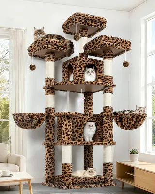Obrázek produktu pro Kratzbaum Leopard, stabilní konstrukce, výška 174 cm, 3 polstrované odpočívadla, 2 kočičí domečky, 2 košíky, sisalové sloupy, vhodný pro 2-4 kočky