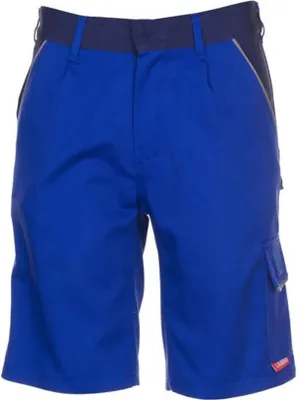 A pair of blue work shorts with a dark blue waistband.