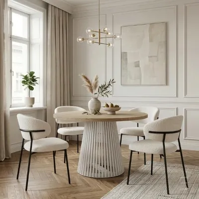 Produktbild von Runder Ausziehbarer Tisch für Esszimmer, DOVER - Industrial/Loft Still mit Lamellenbeine, Durchmesser: 110 / 210 cm, Farbe: Eiche Sonoma / Weiß