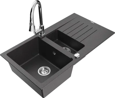 Produktbild von Mexen Matias 1,5-Becken-Granitspüle mit Abtropffläche und Mischbatterie Elia, Schwarz gesprenkelt - 6502-76-670101-00