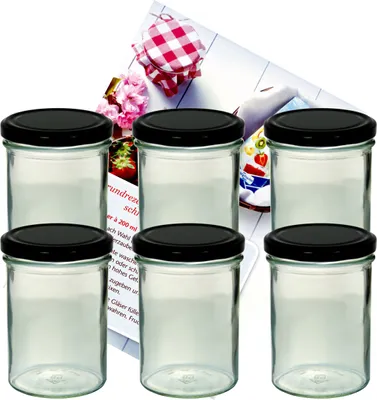 Produktbild von 6er Set Sturzglas 435 ml Marmeladenglas Einmachglas Einweckglas To 82 schwarzer Deckel incl. Diamant-Zucker Gelierzauber Rezeptheft