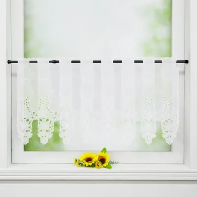 Produktbild von Scheibengardine Modern Bistrogardine Tunnelzug Halbtransparent Küche Kurzgardine Lasercut Blumenmuster Weiß HxB 60x150cm