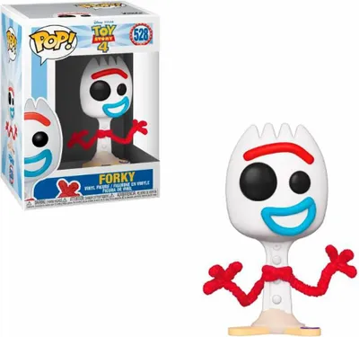 A Funko Pop! vinyl figure of Forky from Toy Story 4 is shown in its packaging and also displayed outside of the box.