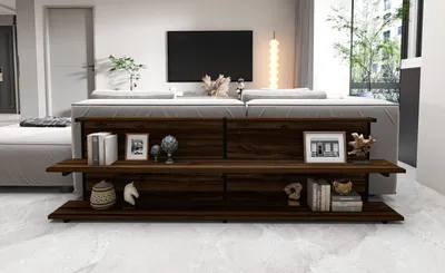 Produktbild von Skye Decor, Hochwertiger Beistelltisch, Walnuss, 180 x 52 x 22 cm | 100% melaminbeschichtete Spanplatte & Metall, 18 mm dick | Modernes, industrielles Design für Ihr Zuhause.