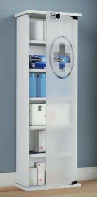A white medicine cabinet with a frosted glass door featuring a cross emblem, standing against a light gray wall.