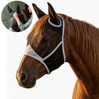 Produktbild von Fliegenmaske Pferd mit Ohren, Atmungsaktive Fliegenhaube Schwarz, Insektenschutz für Pony, Cob, Warmblut & Shetty Größe S