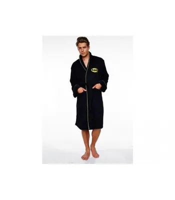 A man wearing a black Batman-themed bathrobe.