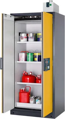 Produktbild von Transportabler Sicherheitsschrank Typ 90 - ca. 2 x 0,9 x 0,6 m (HxBxT) - 4 Fachböden - mit Lochblech - enzianblau - Stahl