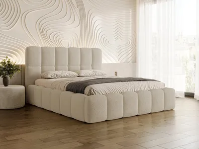 Produktbild von Chilly Möbel Design Bett Clay Slim - Doppelbett mit Bettkasten, Lattenrost und Kopfteil 140x200 cm / Metallrahmen / Bouclé / Dunkelbeige