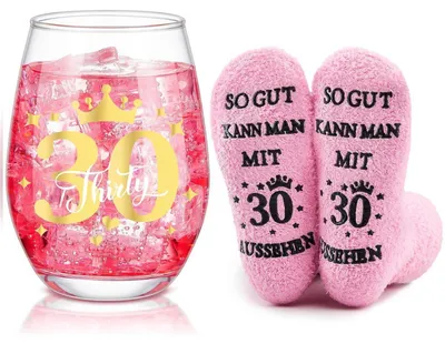 Immagine prodotto di Set regalo per il 30° compleanno, da donna, con bicchiere da vino e calzini