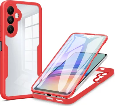 A red and clear phone case is shown with a phone inside it, and another phone case is shown separately.