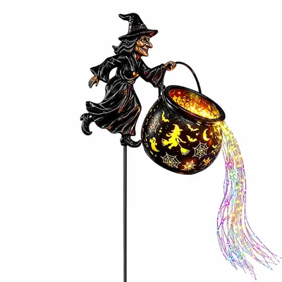Produktbild von Halloween Gartenstecker mit Hexe, LED Solarleuchte für Garten, Metall Gartendeko Outdoor, Hexen Silhouette für Terrasse, Rasen und Halloween Party