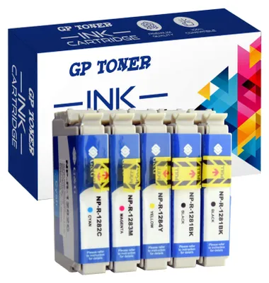 A box of GP Toner ink cartridges with the cartridges themselves arranged in front.