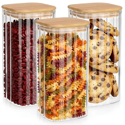 Immagine prodotto di Vilde | Barattoli in vetro con coperchio in bambù - Set da 3 pezzi - Contenitori per alimenti 1,6 L