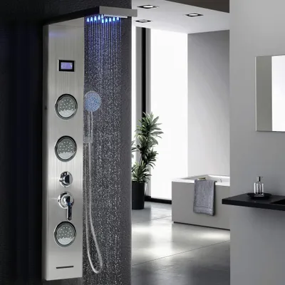 Produktbild von Duschpaneel Duschsäule LED Wasserfall Regendusche Massage Handbrausen Körperdusche Thermostat Edelstahl 123.5x20x15cm