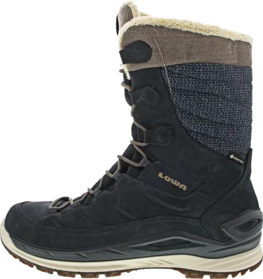 A side view of a black winter boot with brown laces and trim.