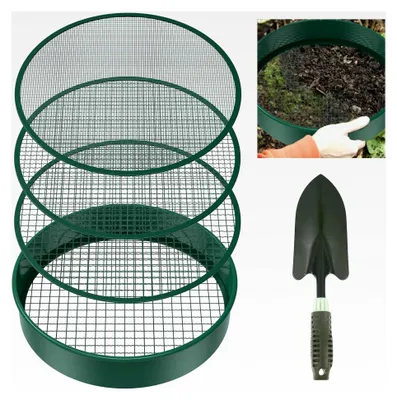 Produktbild von Rundes Gartensieb 30 cm mit 4 austauschbaren Siebeinsätzen - Kompostsieb aus Edelstahl für Erde, Kompost, Saatgut - inklusive Gartenschaufel
