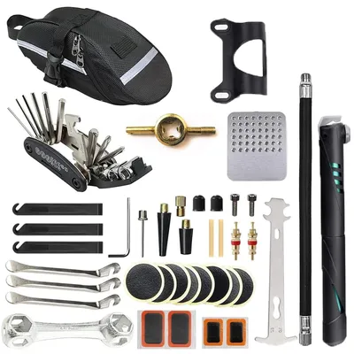 Produktbild von Omgoods - Fahrradreparaturset 16-in-1 - Fahrradpumpe - Reifenheber - Fahrradwerkzeugkoffer - Reparaturpflaster - Mini-Fahrradpumpe 120 psi - Fahrradreparaturset